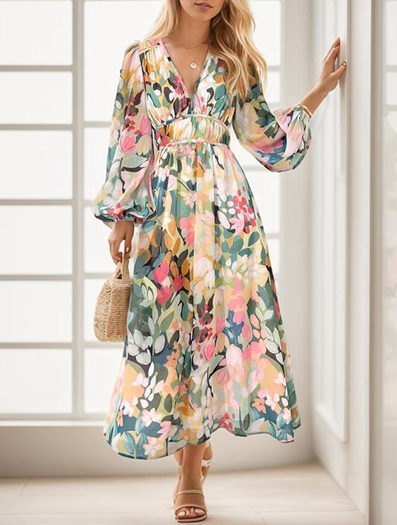 Floral Lantern Sleeve Maxi Dress