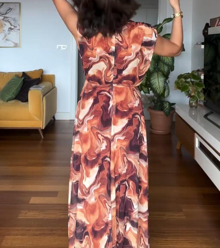 Sleeveless Brown and Orange Swoosh Maxi Dress