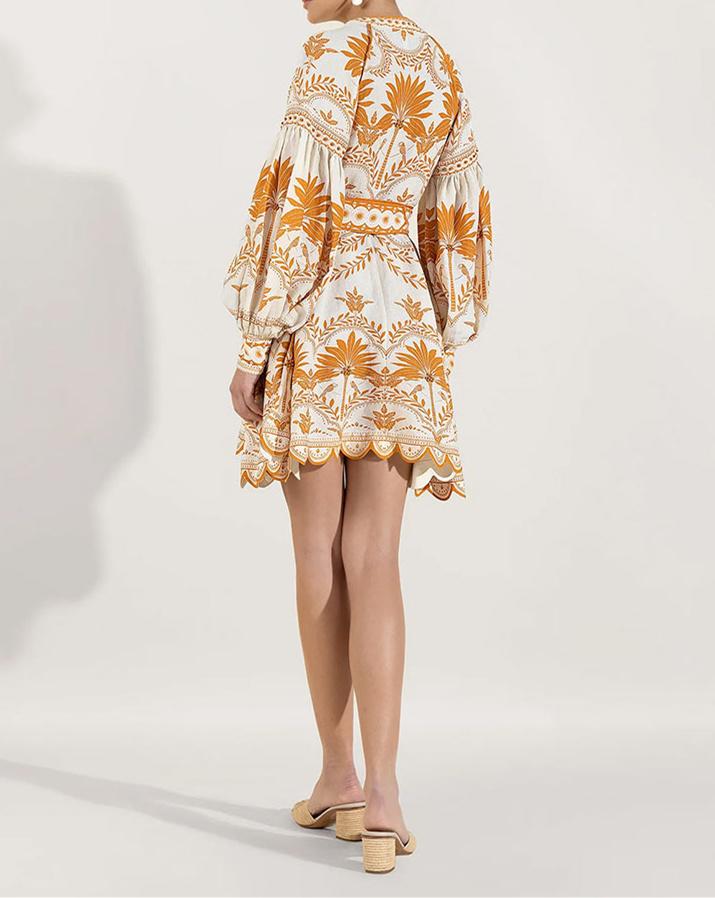 V-Neck Lantern Sleeve Orange Printed Dress