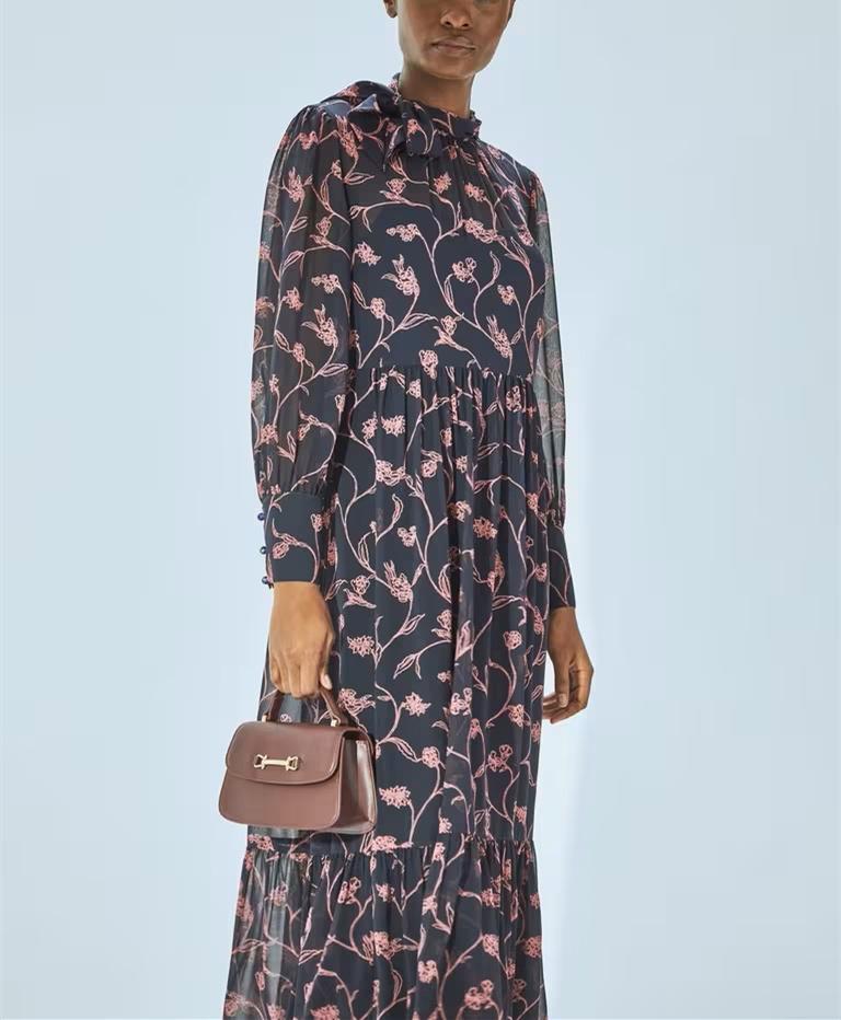 Round Neck Long Sleeve Floral Fall Dress