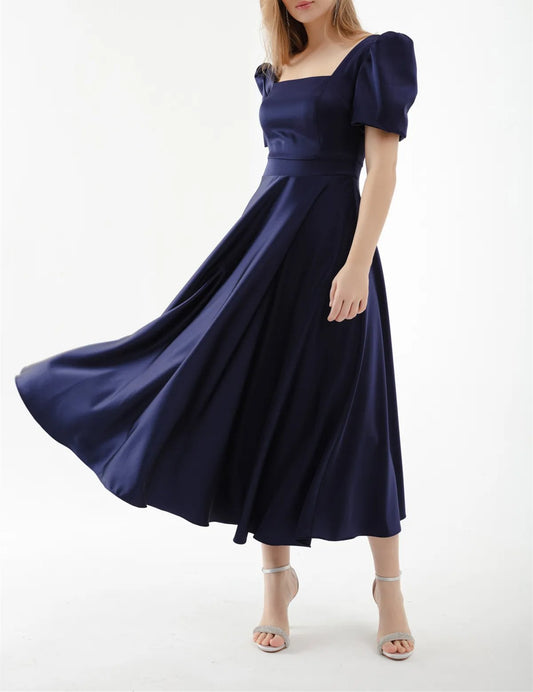 Dark Blue Square Neck Satin Dress