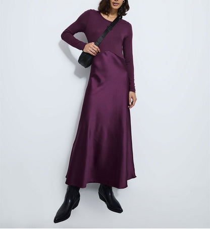 Purple Long Sleeve Satin Fall Dress