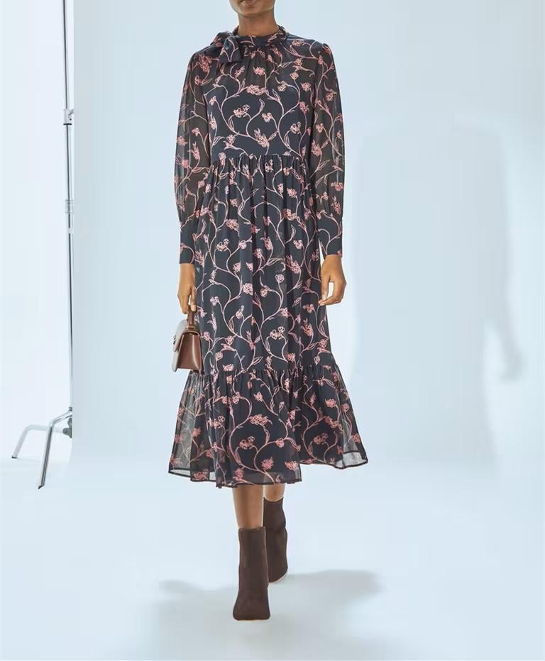 Round Neck Long Sleeve Floral Fall Dress