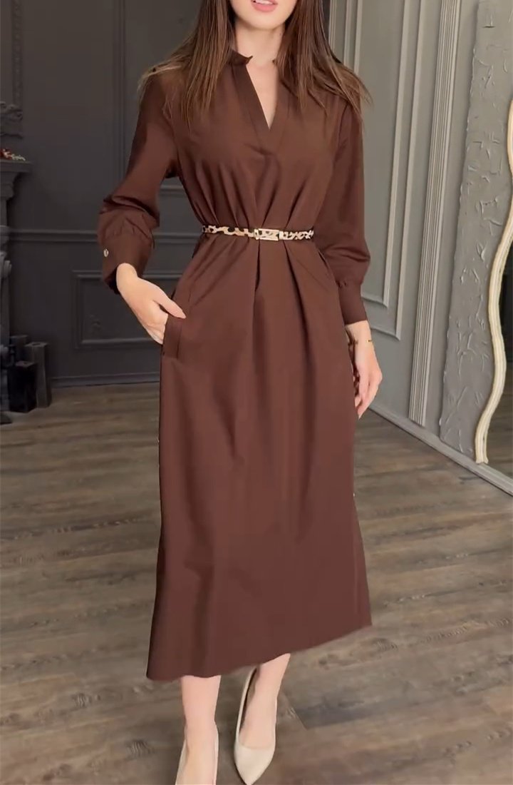 Brown Belted Split Neck Dress