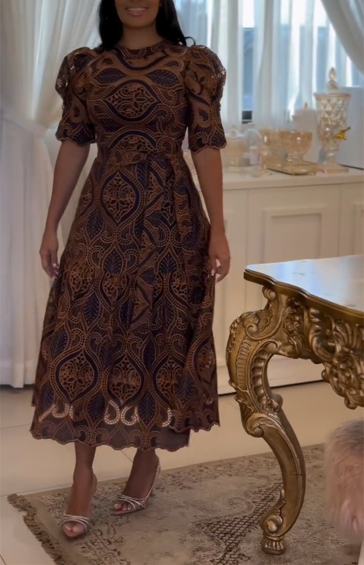 Brown Cutout Lantern Sleeve Dress