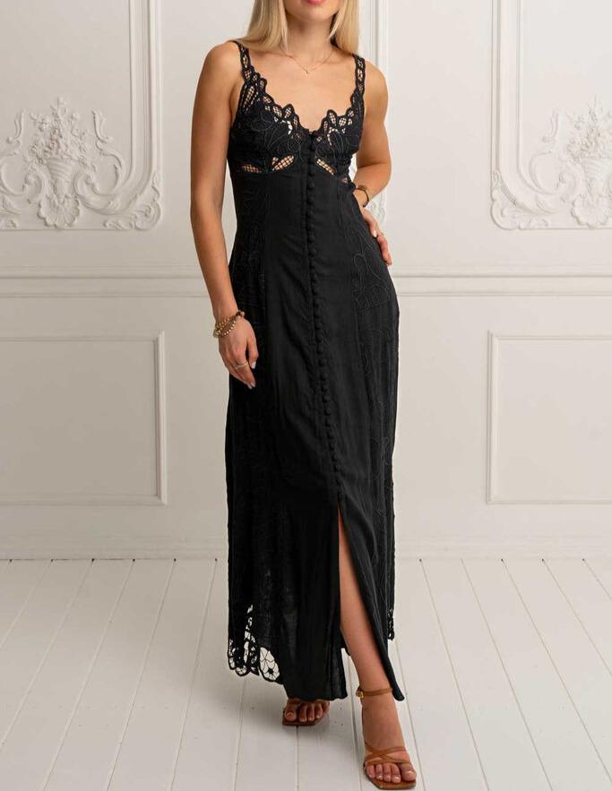 Black Lace Embroidered Maxi Dress