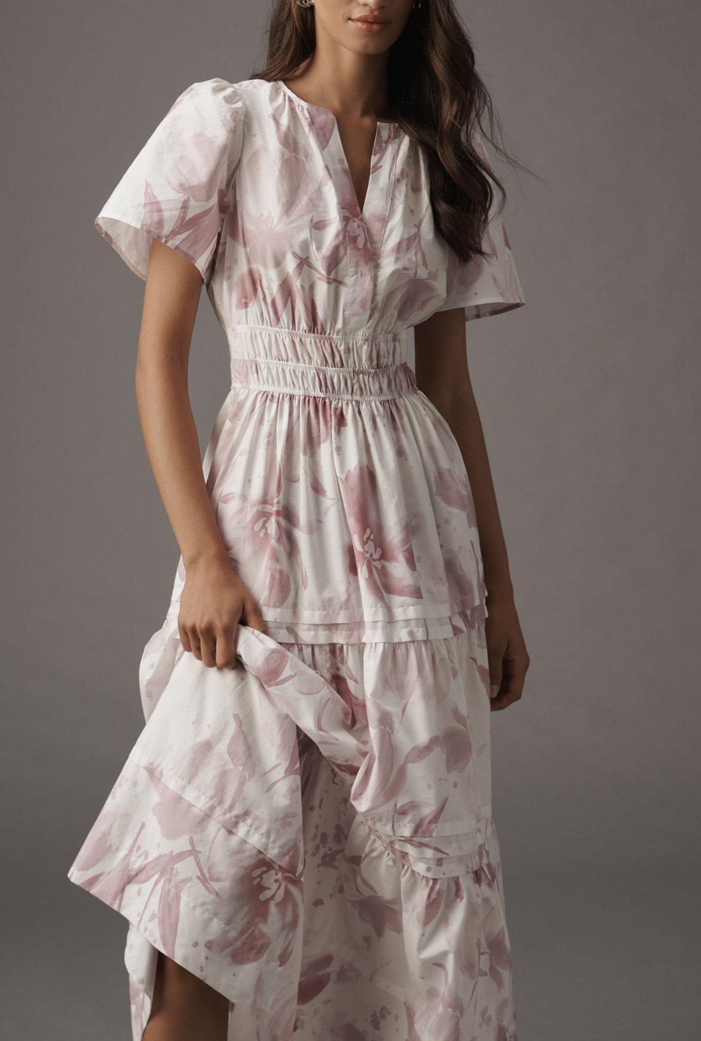 Pink Elastic Waist Small V-Neck Floral Dress