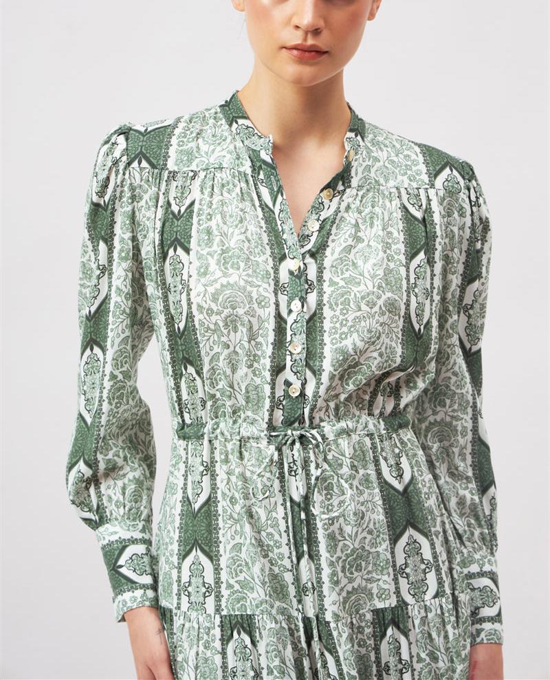 Buttoned Printed Green Dress