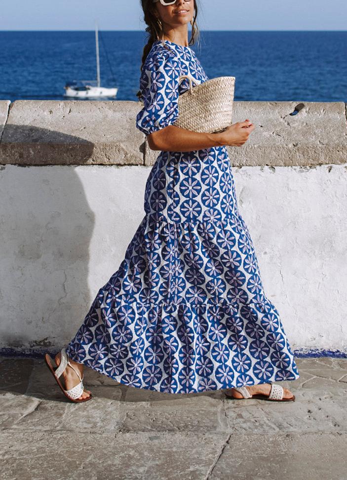 Blue and white floral backless dress