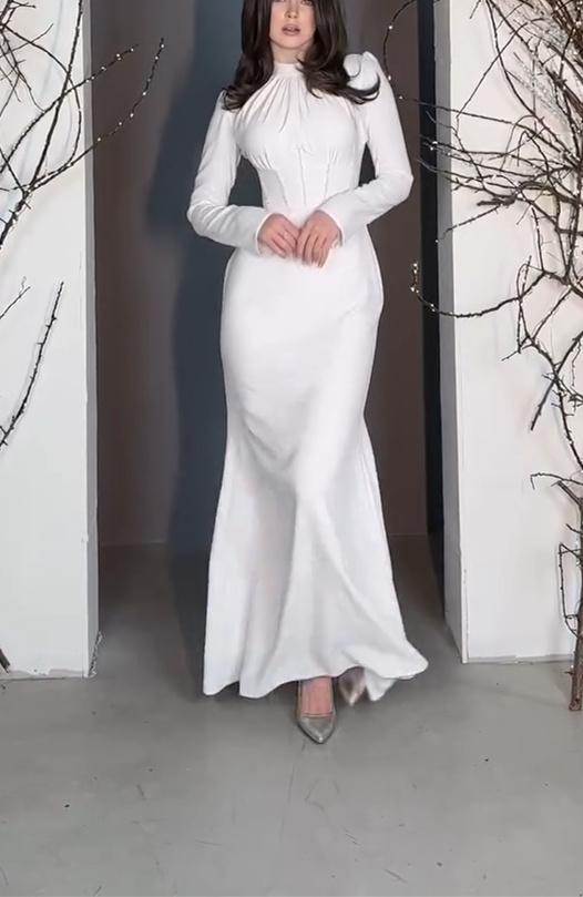 White Belted Long Sleeve Dress