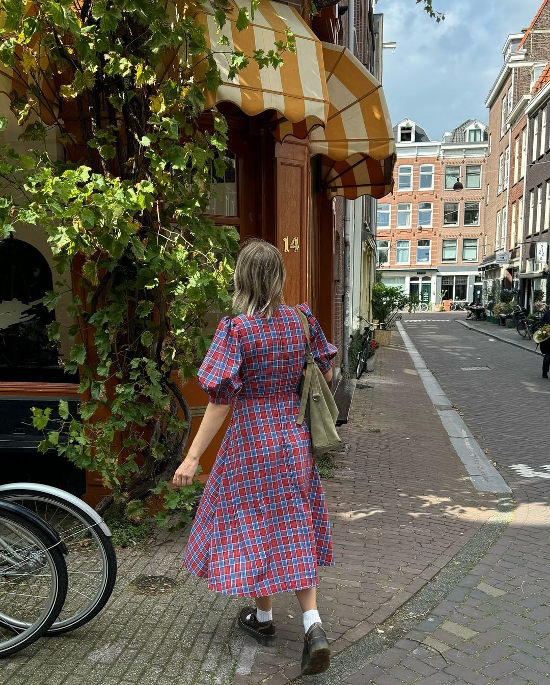 Red and blue check bow dress