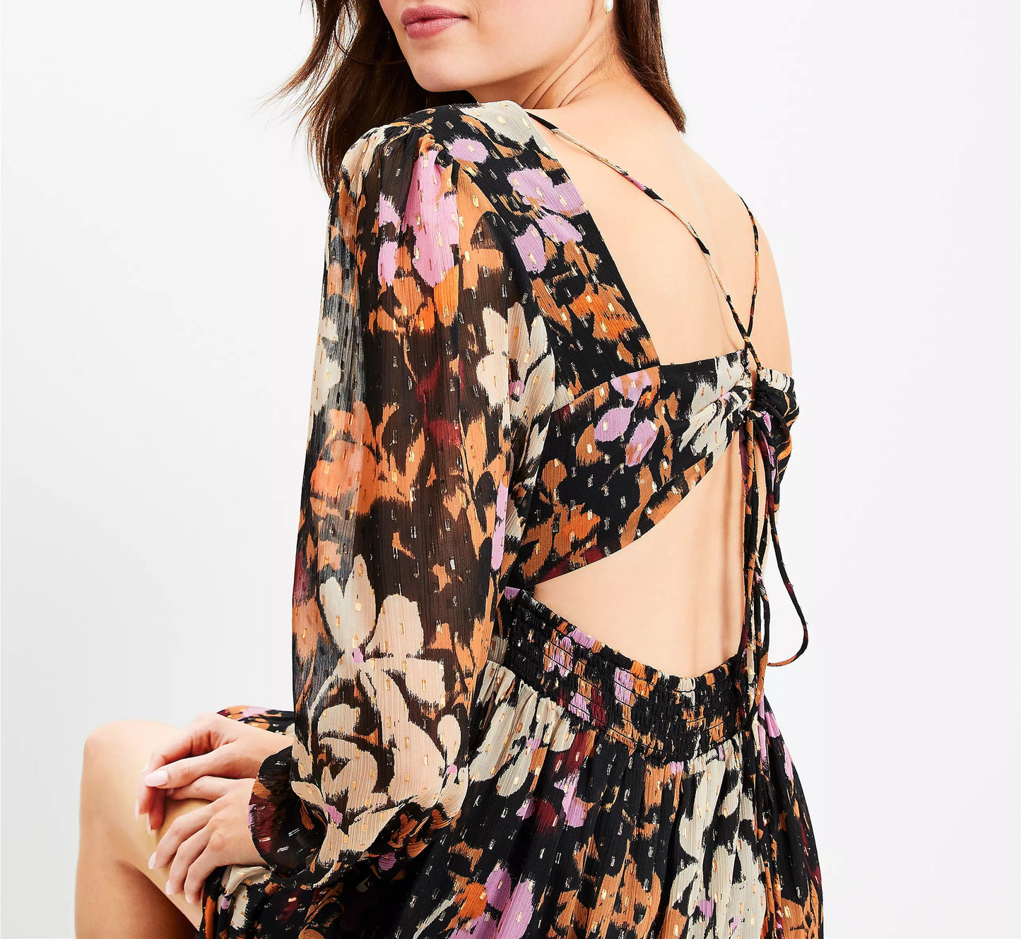 Backless Lace Up Long Sleeve Floral Autumn Dress