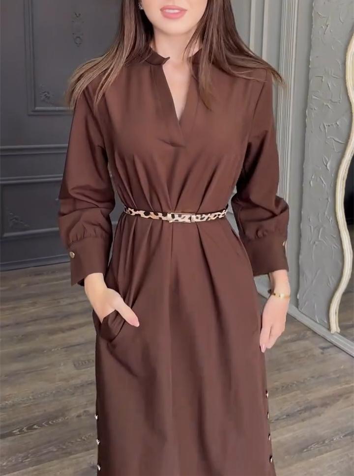 Brown Belted Split Neck Dress