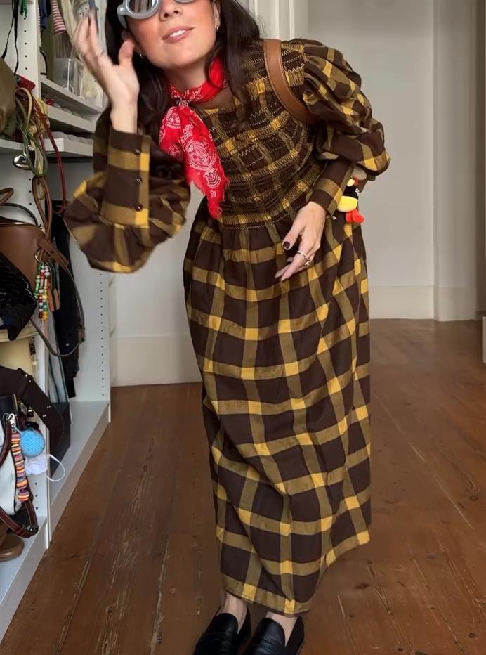 Yellow and Brown Plaid Fall Dress