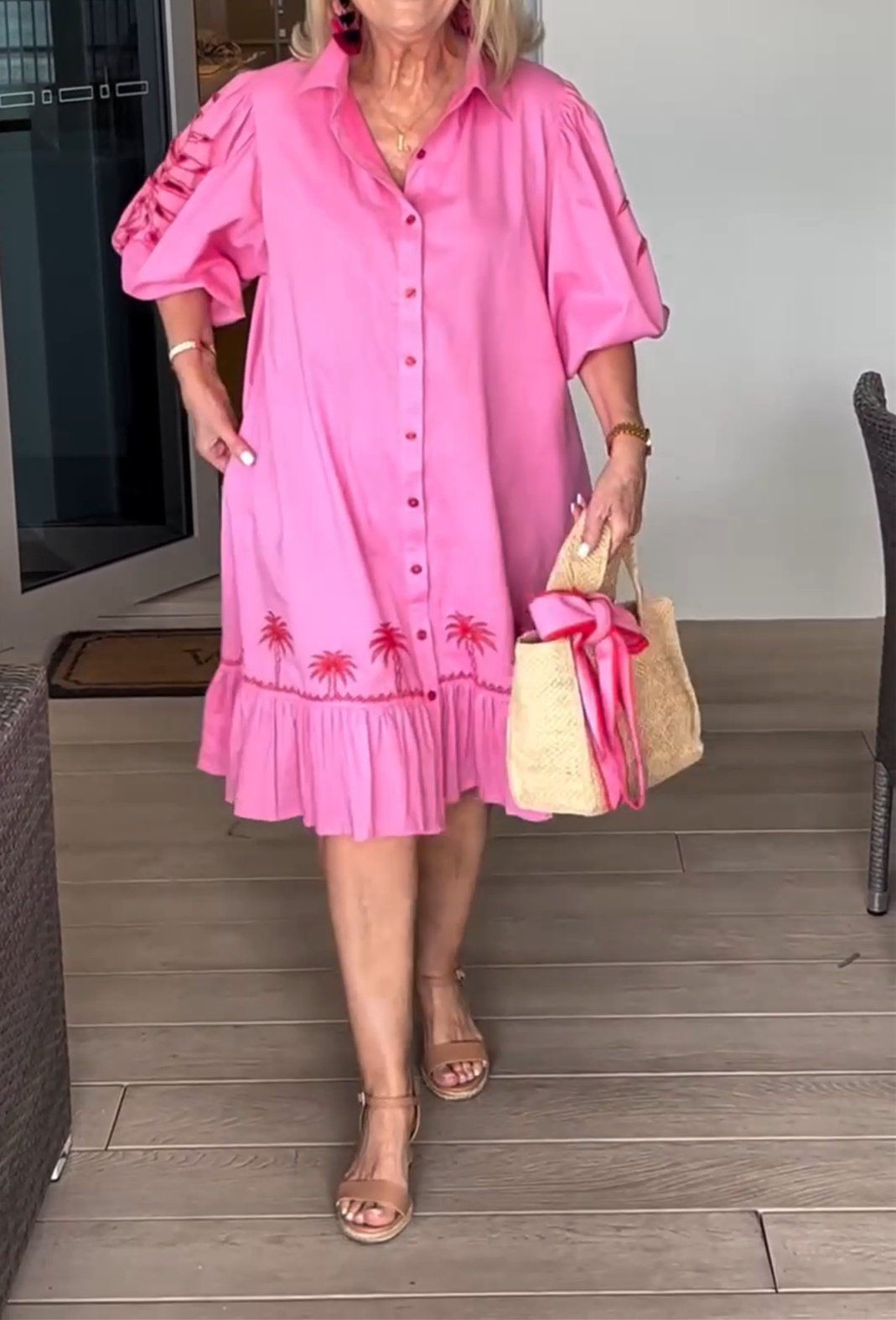 Pink Ruffle Lantern Sleeve Dress