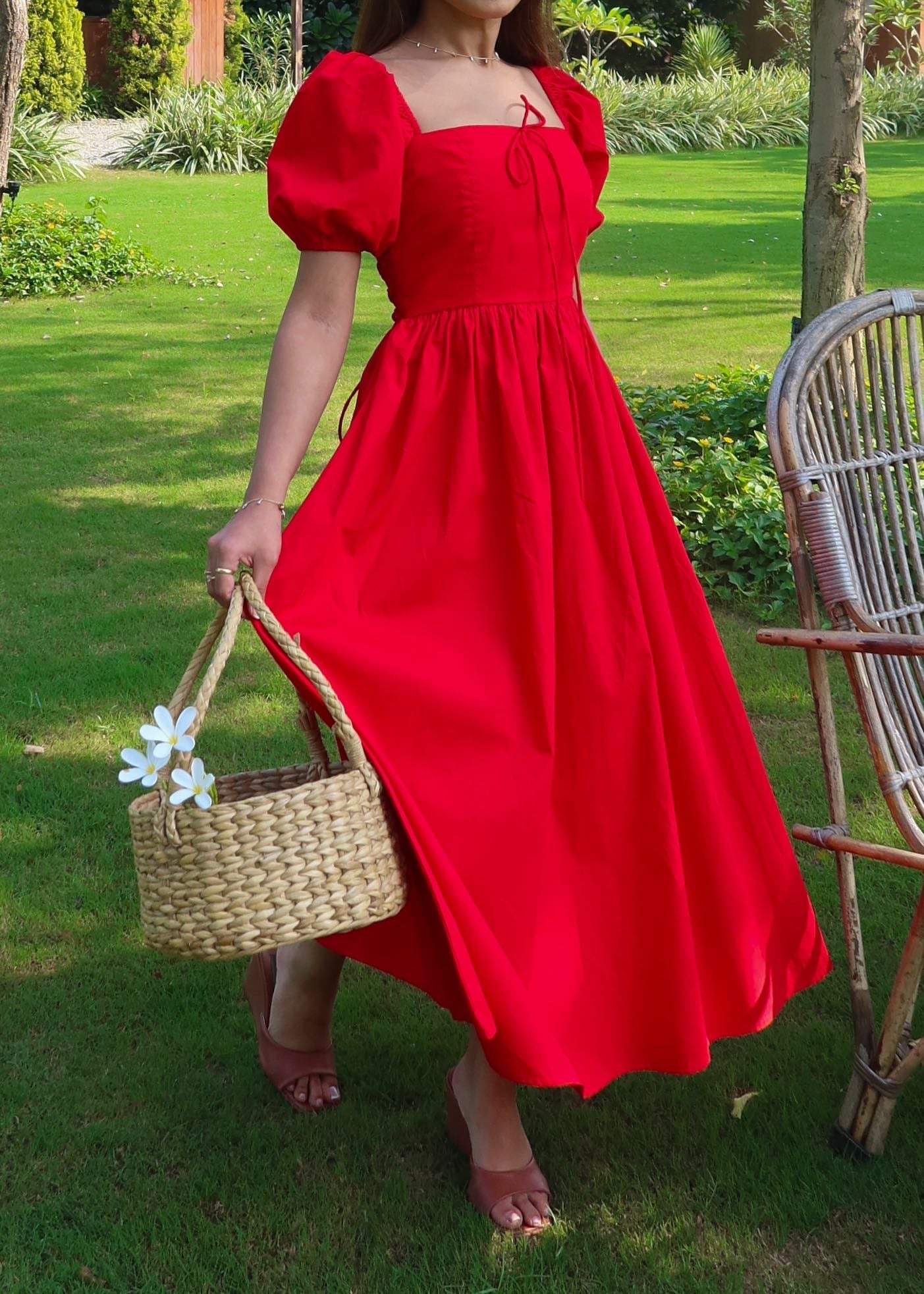 Red Bubble Sleeve Lace-Up Dress