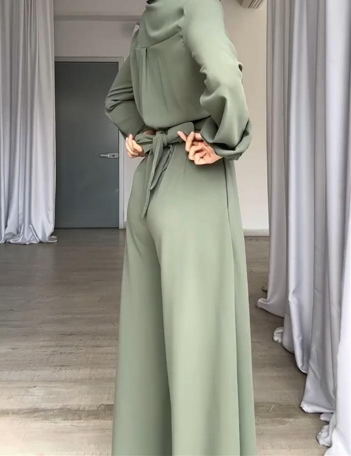 Solid Color Waisted One-piece Suit