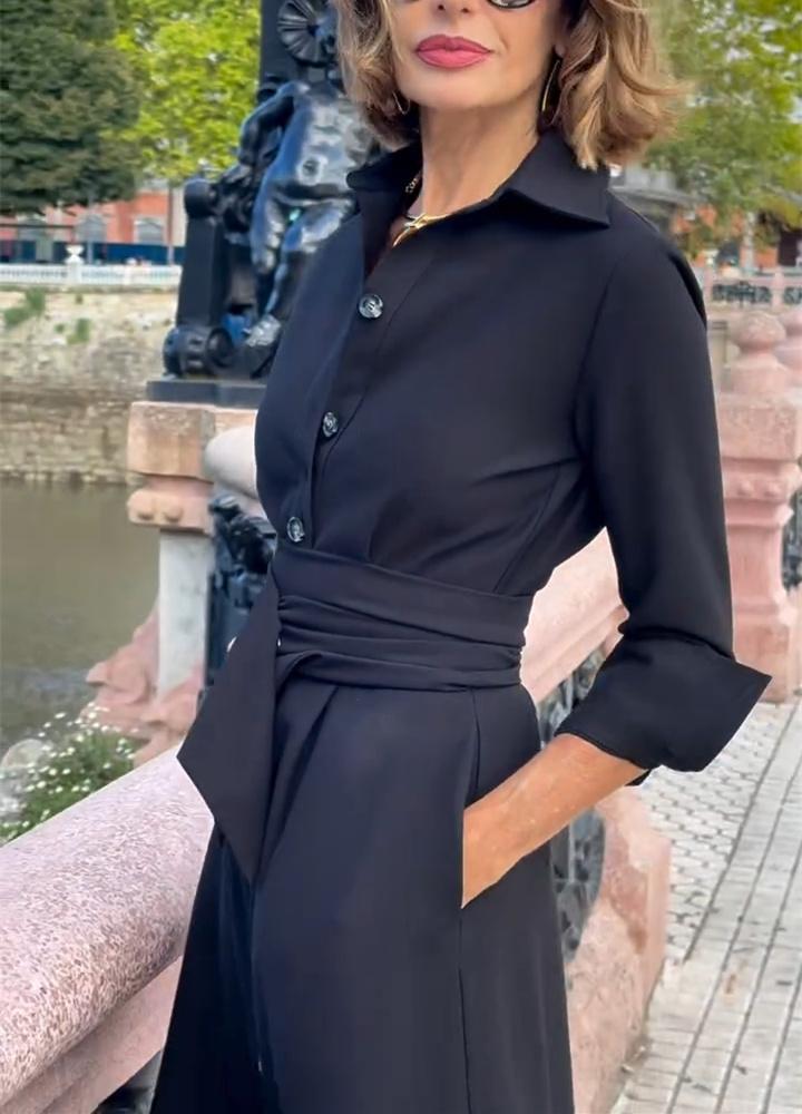 Black Button v Neck Fall Dress