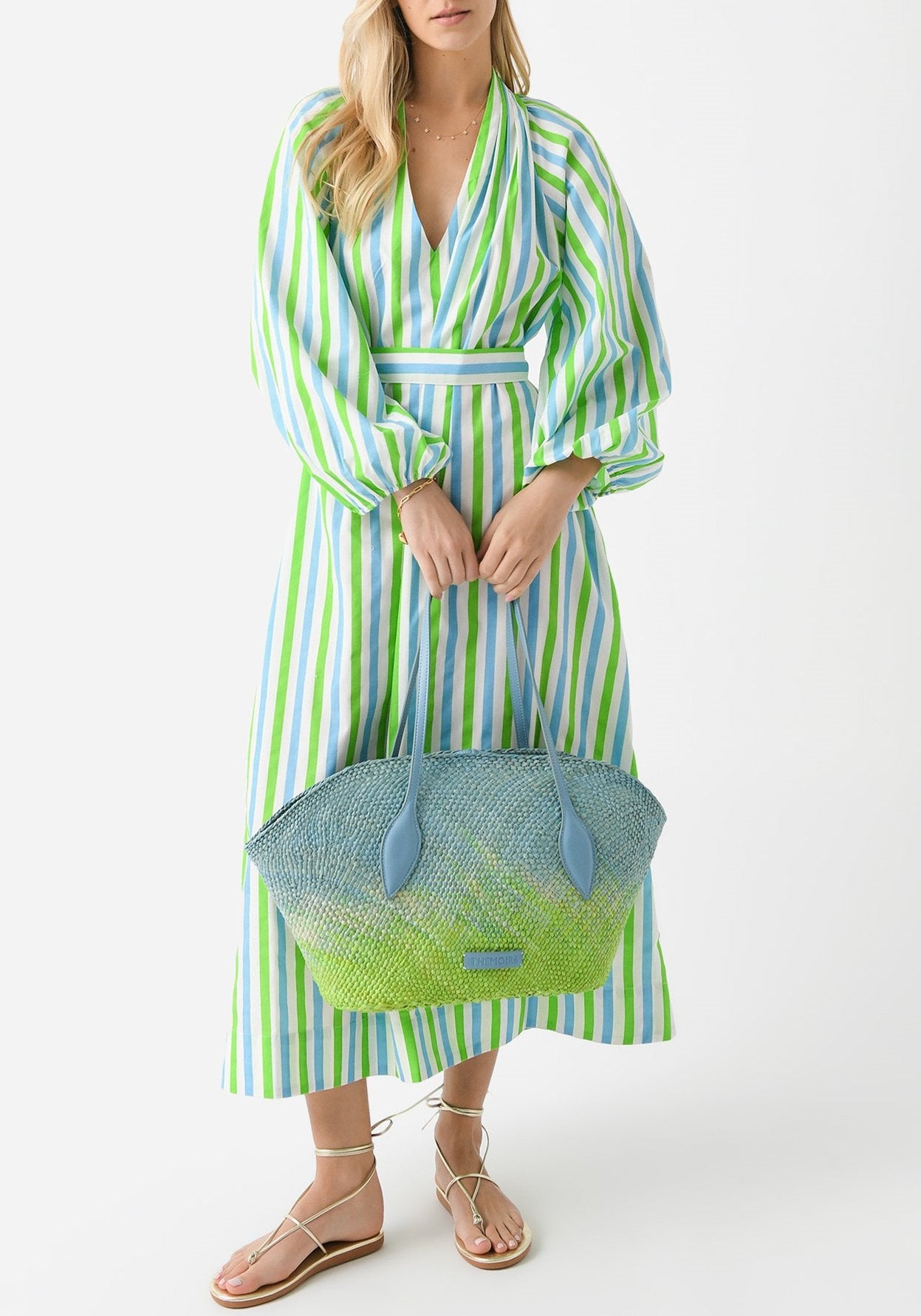 Blue and green striped maxi dress