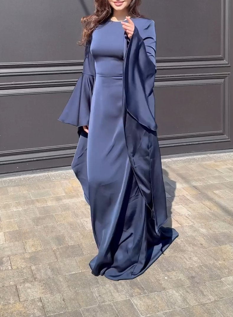 Blue Flared Sleeve Satin Maxi Dress