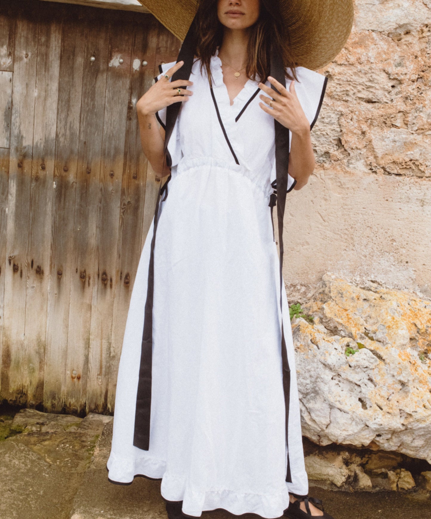 Black trimmed white dress