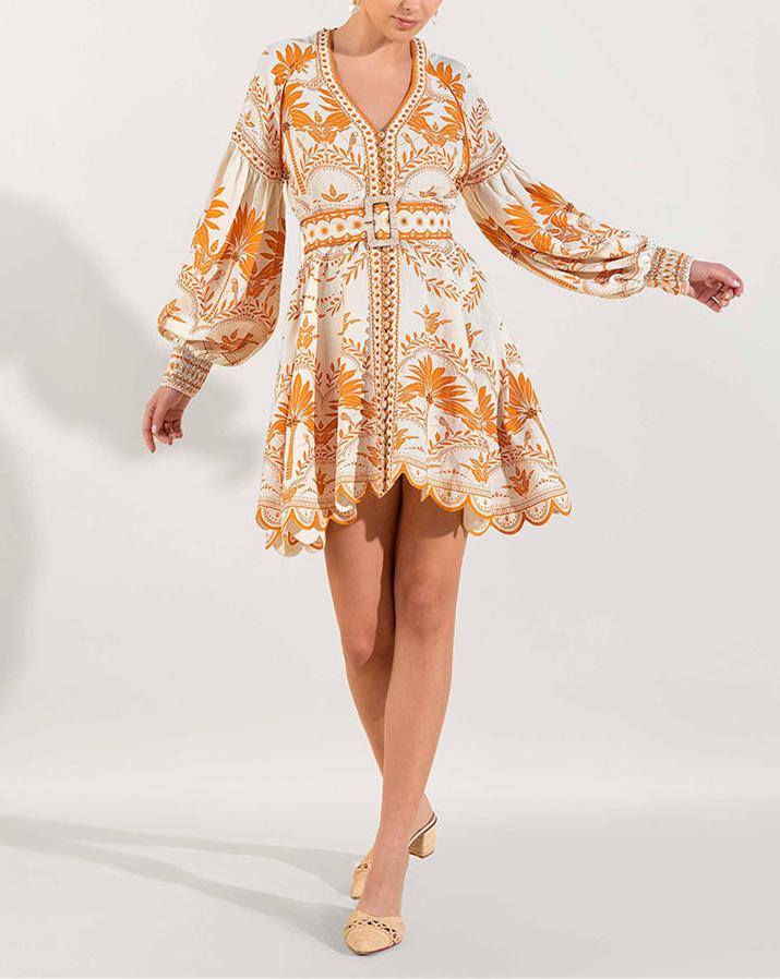 V-Neck Lantern Sleeve Orange Printed Dress