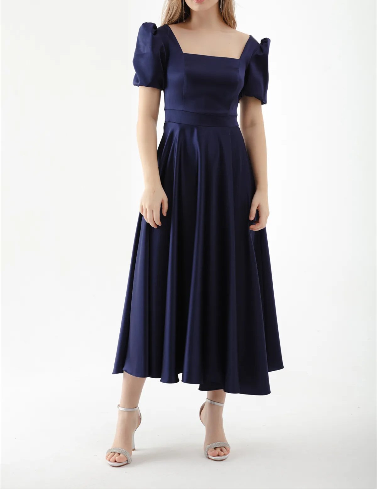 Dark Blue Square Neck Satin Dress