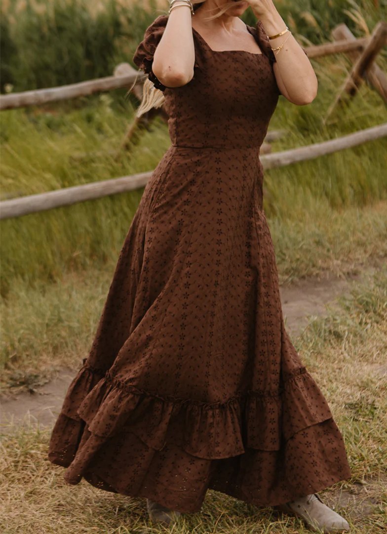 Brown Ruffled Short Sleeve Maxi Dress