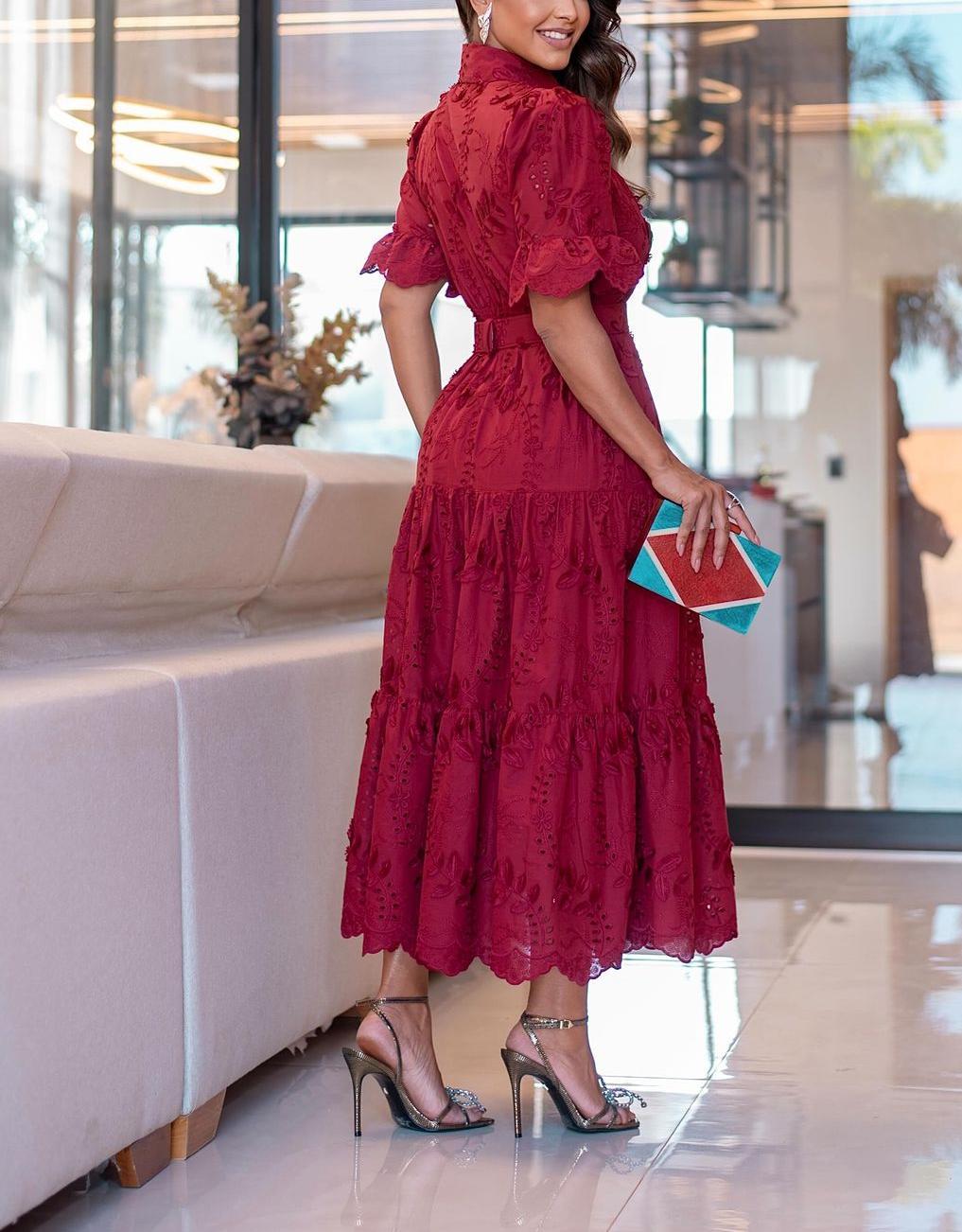 Burgundy Shirt Collar Button Down Maxi Dress