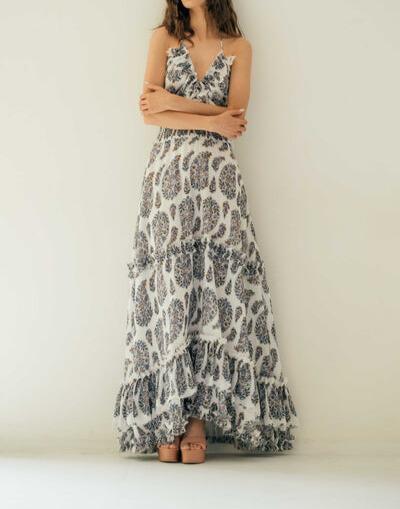 V-Neck Printed French Maxi Dress