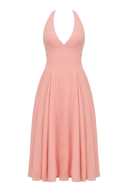 Pink V-Neck Backless Maxi Dress