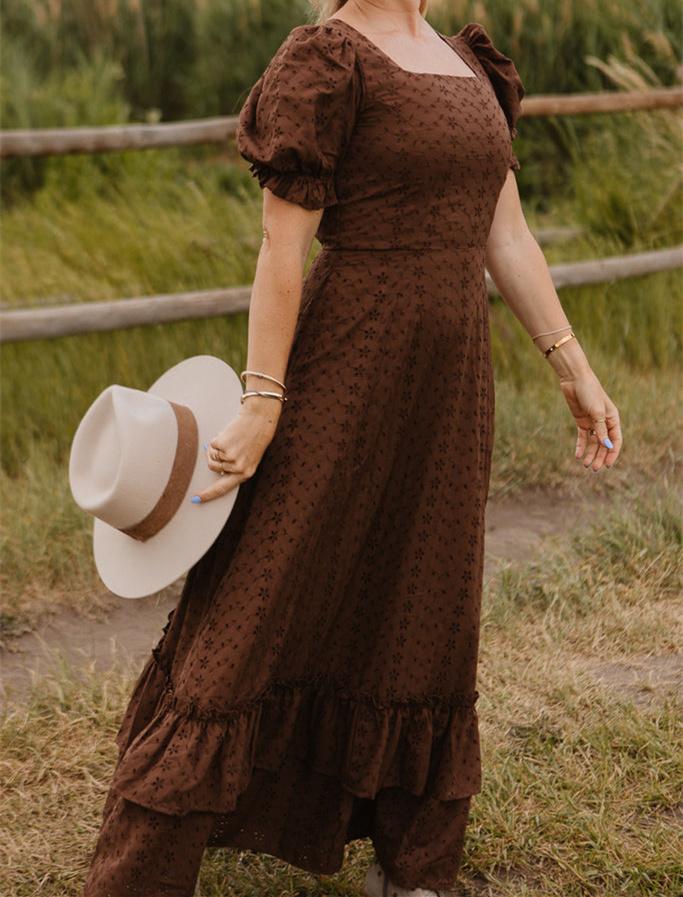 Brown Ruffled Short Sleeve Maxi Dress