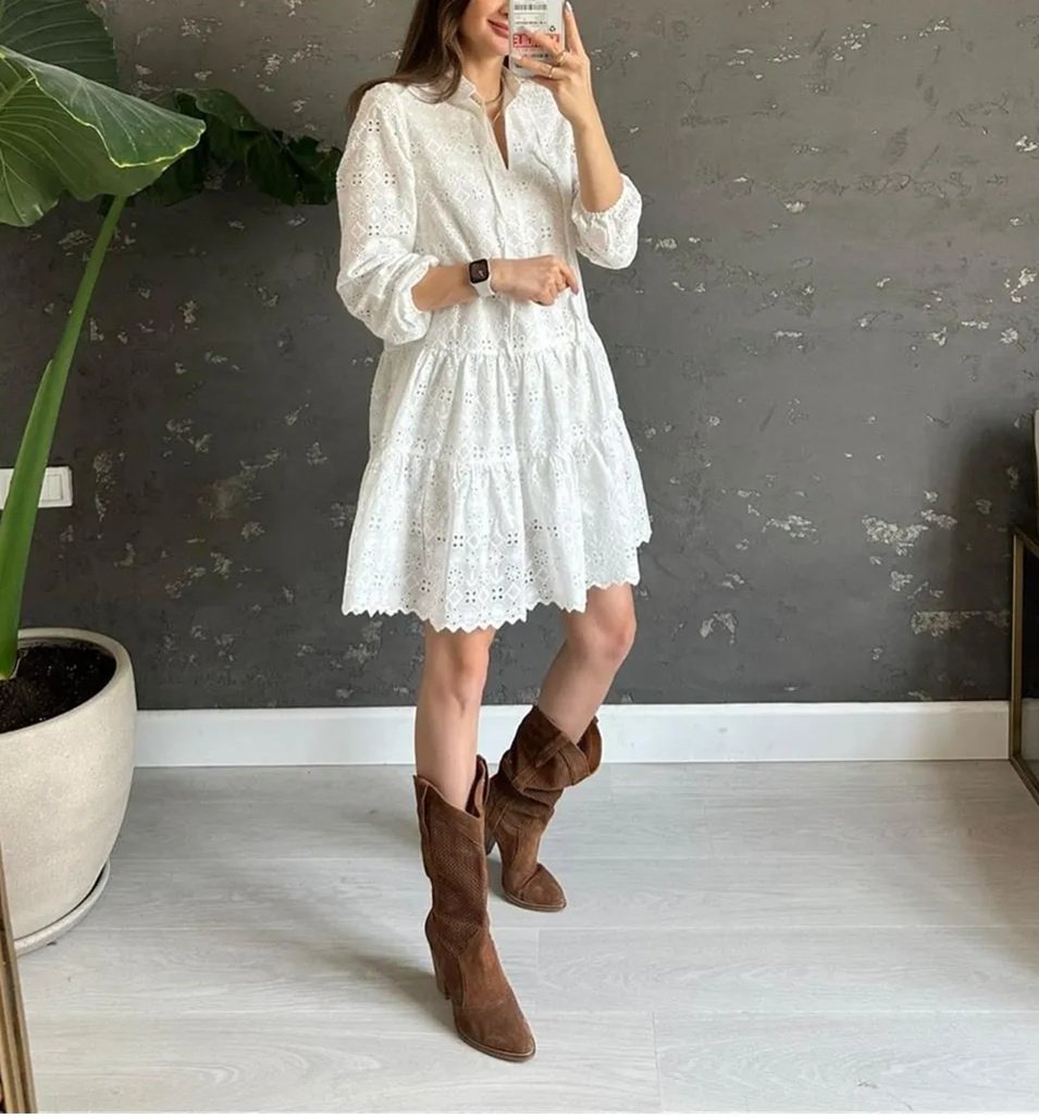 White Cutout Long Sleeve Mini Dress