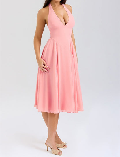 Pink V-Neck Backless Maxi Dress