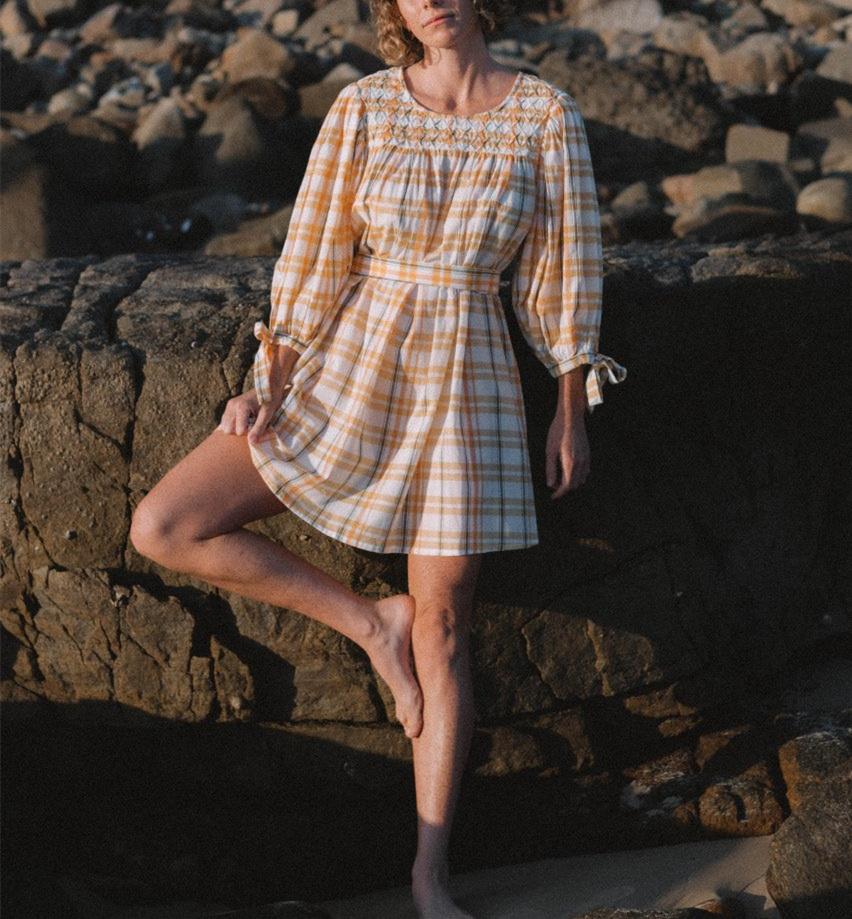 Yellow Plaid Bubble Sleeve Mini Dress