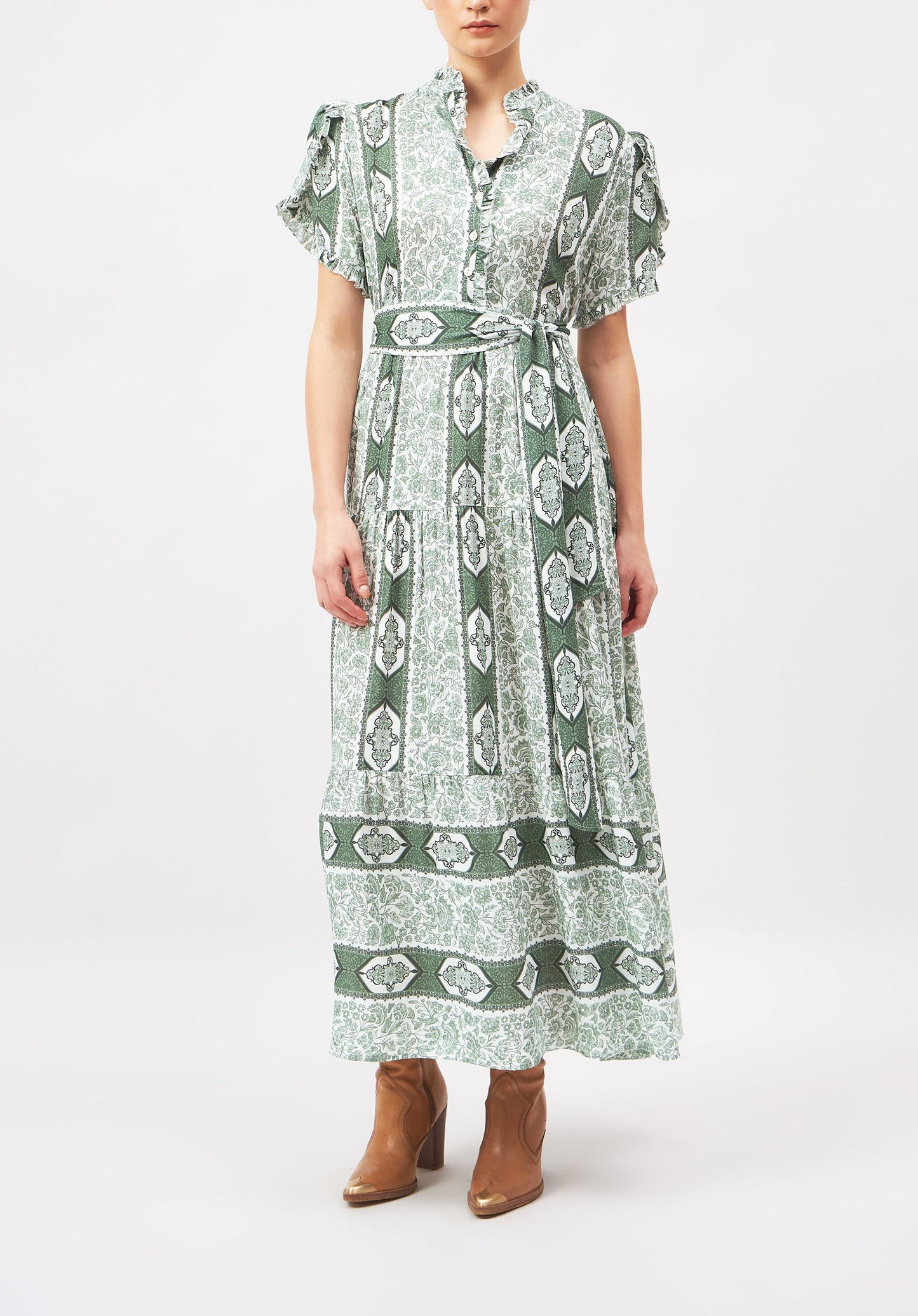 Buttoned Printed Green Dress