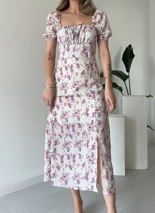 Bubble Sleeve Rose Maxi Dress