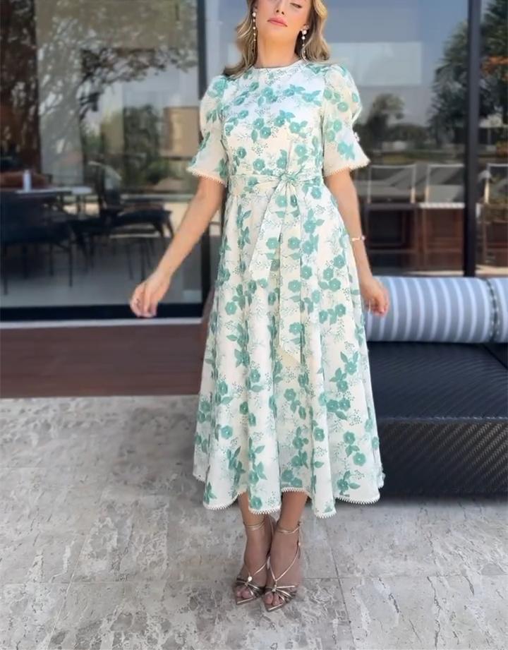 Green Flower Waist-slimming White Bottom Dress