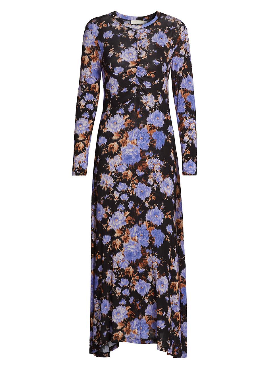 Blue Floral Black Long Sleeve Fall Dress