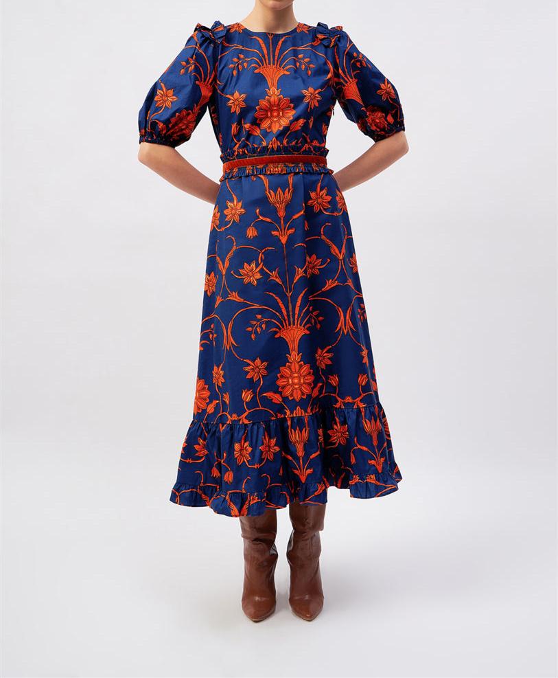 Navy Blue Red Printed Maxi Dress