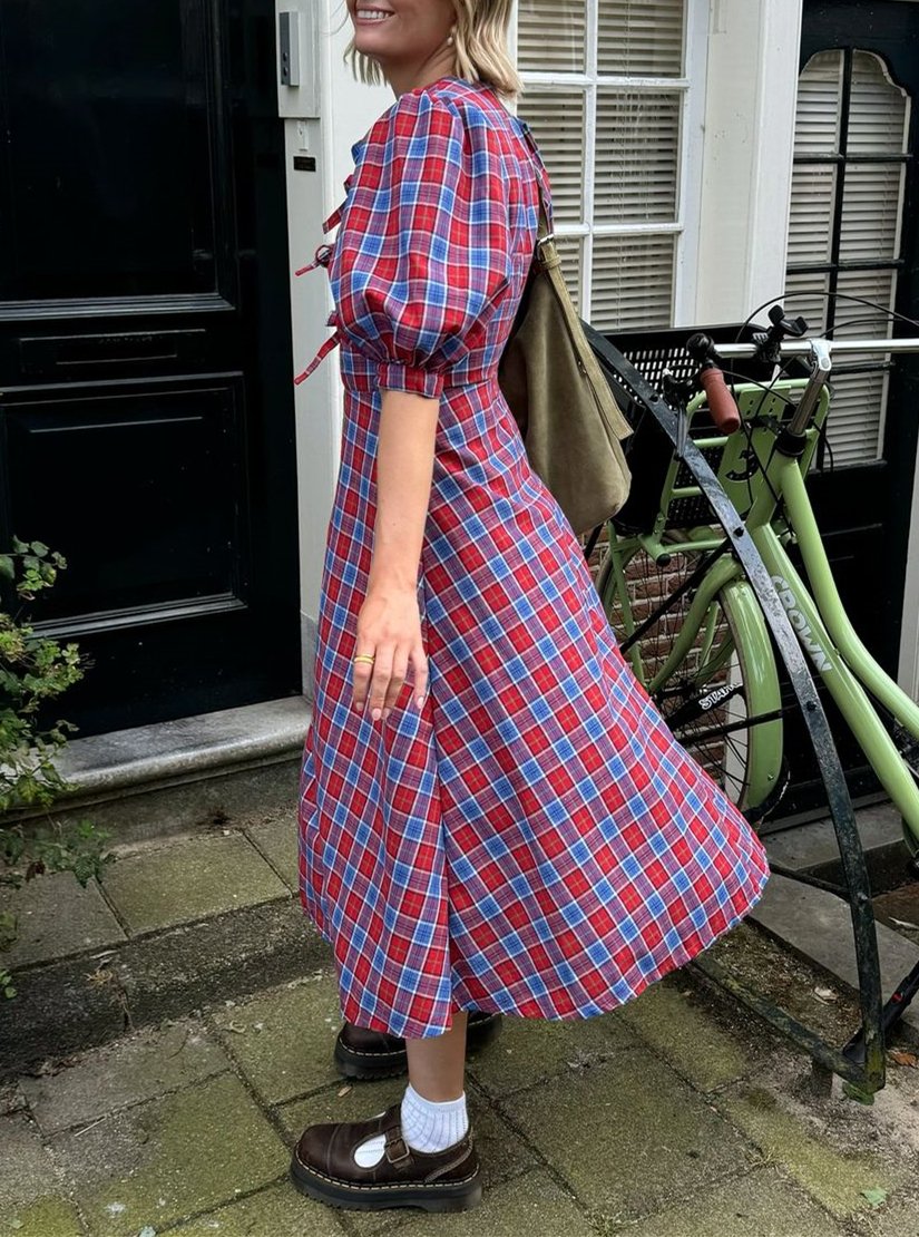 Red and blue check bow dress