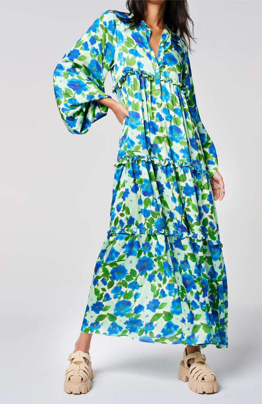 Blue Flower and Green Leaf Long Sleeve Dress