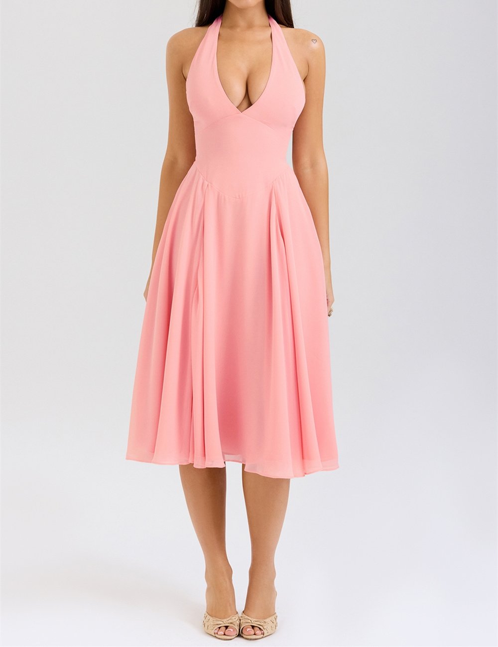 Pink V-Neck Backless Maxi Dress