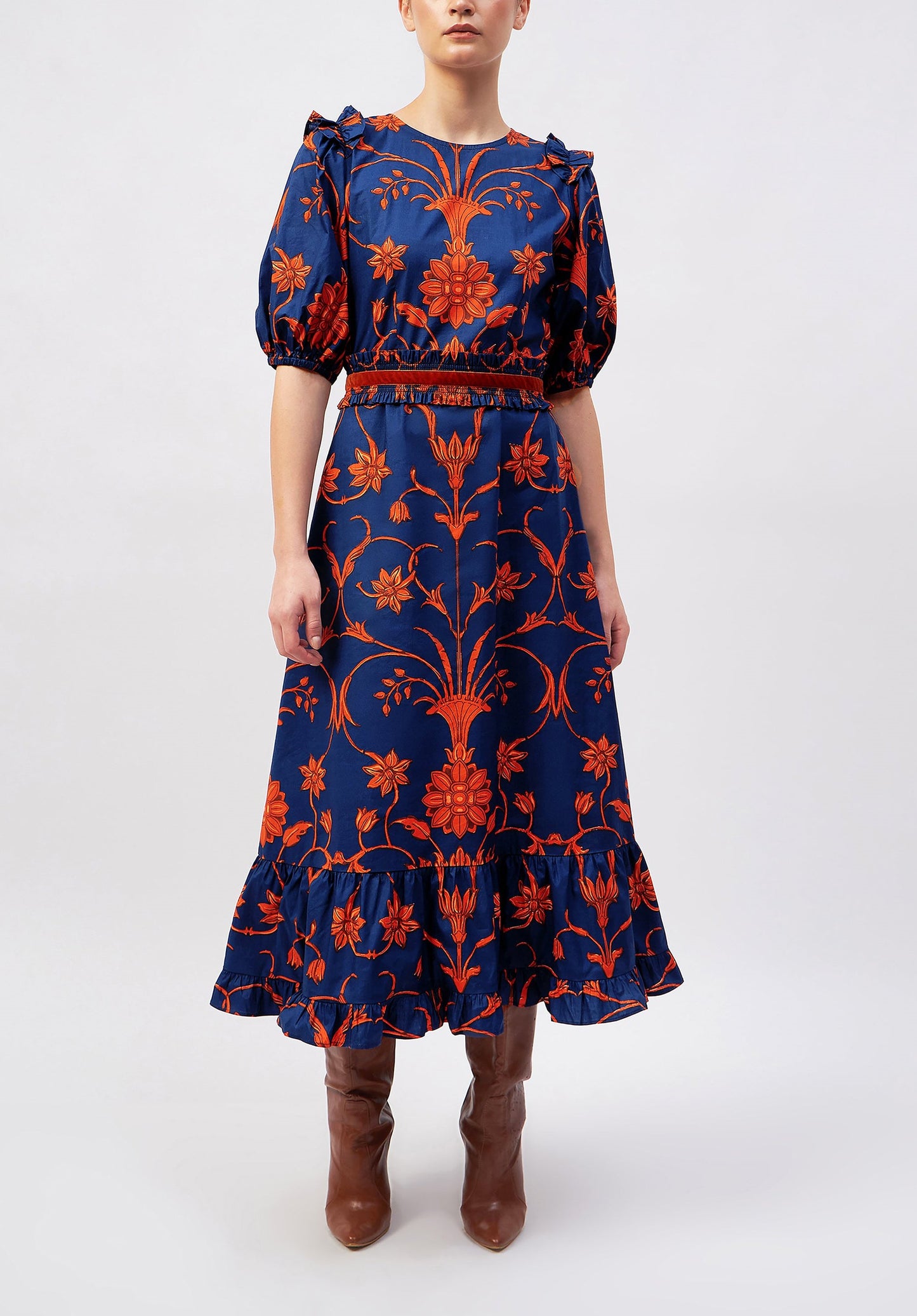 Navy Blue Red Printed Maxi Dress