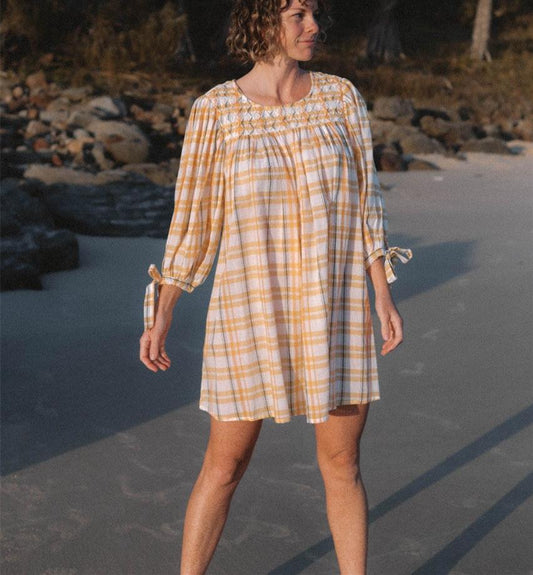 Yellow Plaid Bubble Sleeve Mini Dress