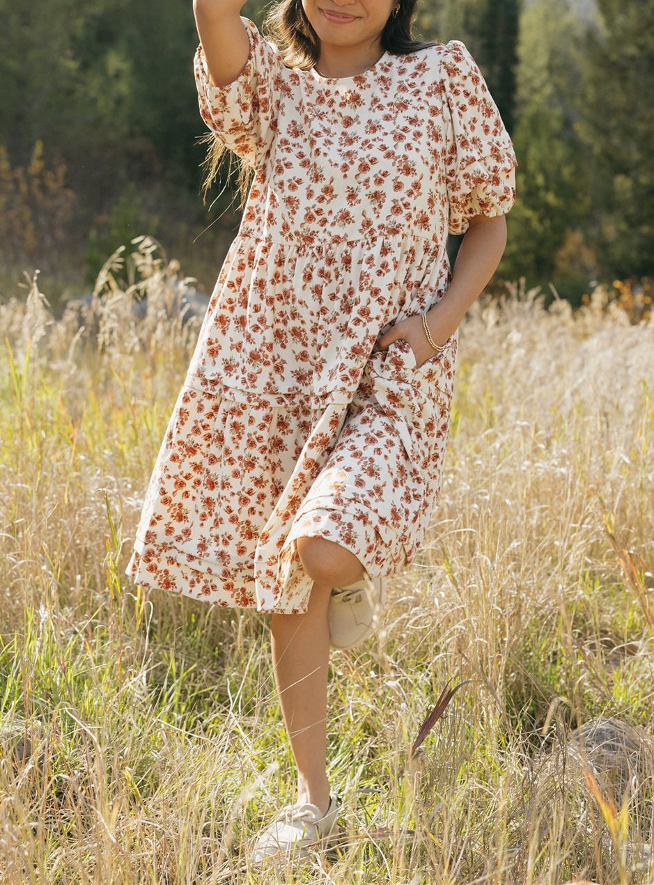 Floral Round Neck Midi Sleeve Fall Dress