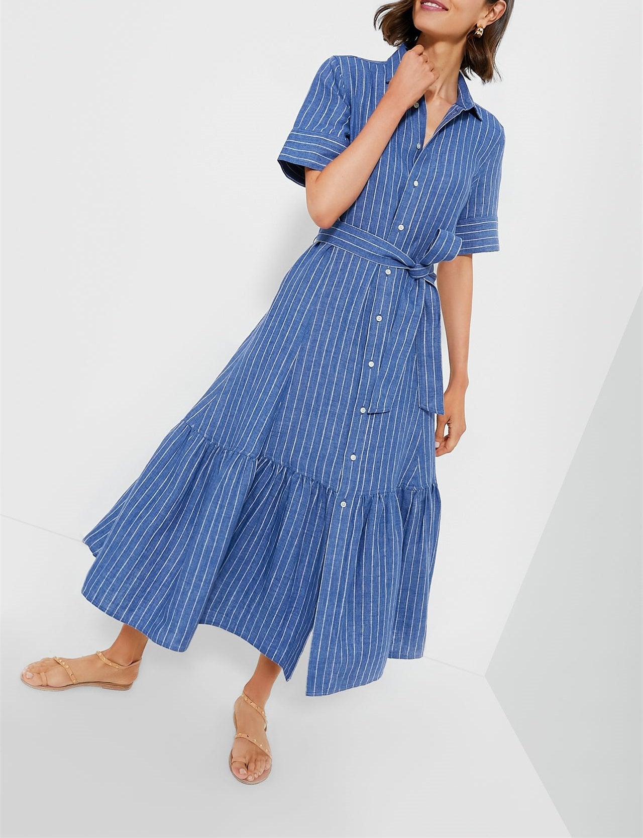 Striped Lace-Up Shirt Dress