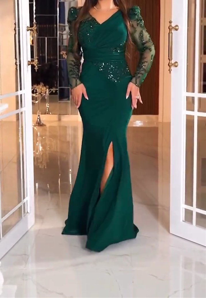 Dark Green Sequined Gauze Sleeve Maxi Dress