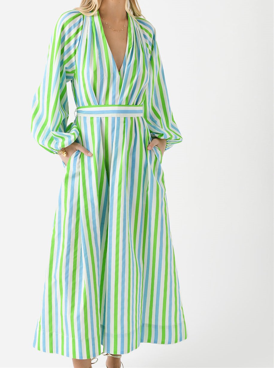 Blue and green striped maxi dress