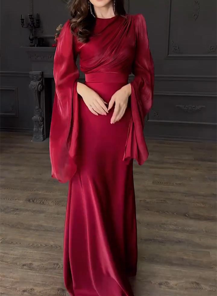 Red Satin Wide Sleeves Maxi Dress